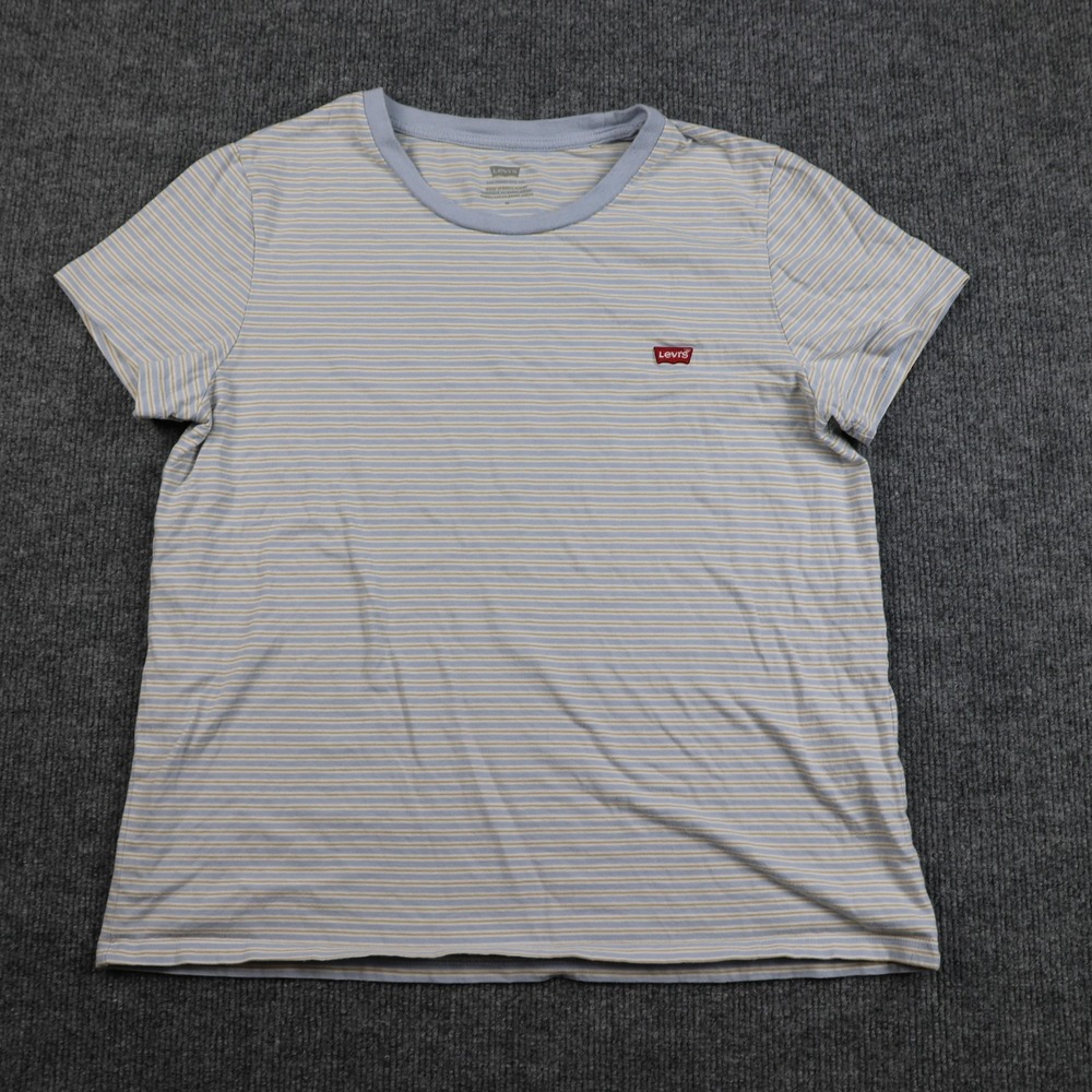 Levi's Shirt Womens‎ Medium Blue White Striped Ringer Tee Crewneck Embroidered